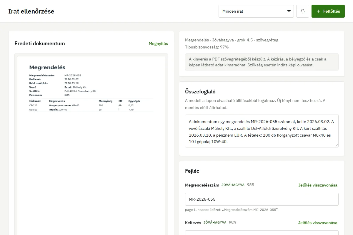 Screenshot: a printed purchase order and the summary rovatix made from it.