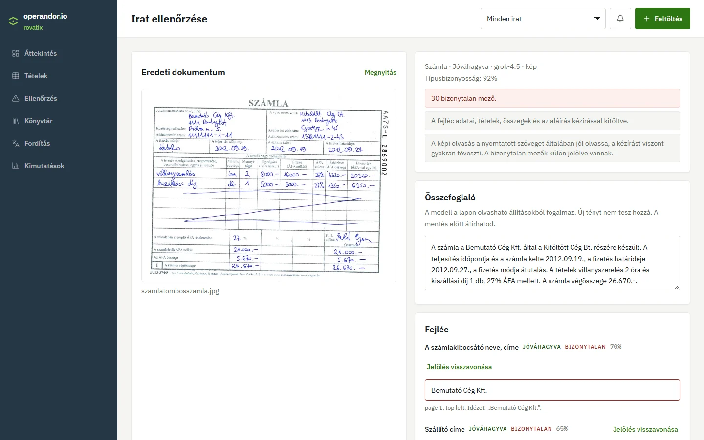 Screenshot of rovatix: a handwritten invoice and the fields read from it.