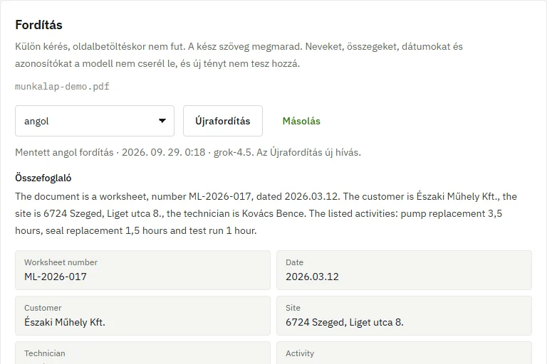 Screenshot: a Hungarian job sheet's data in English.