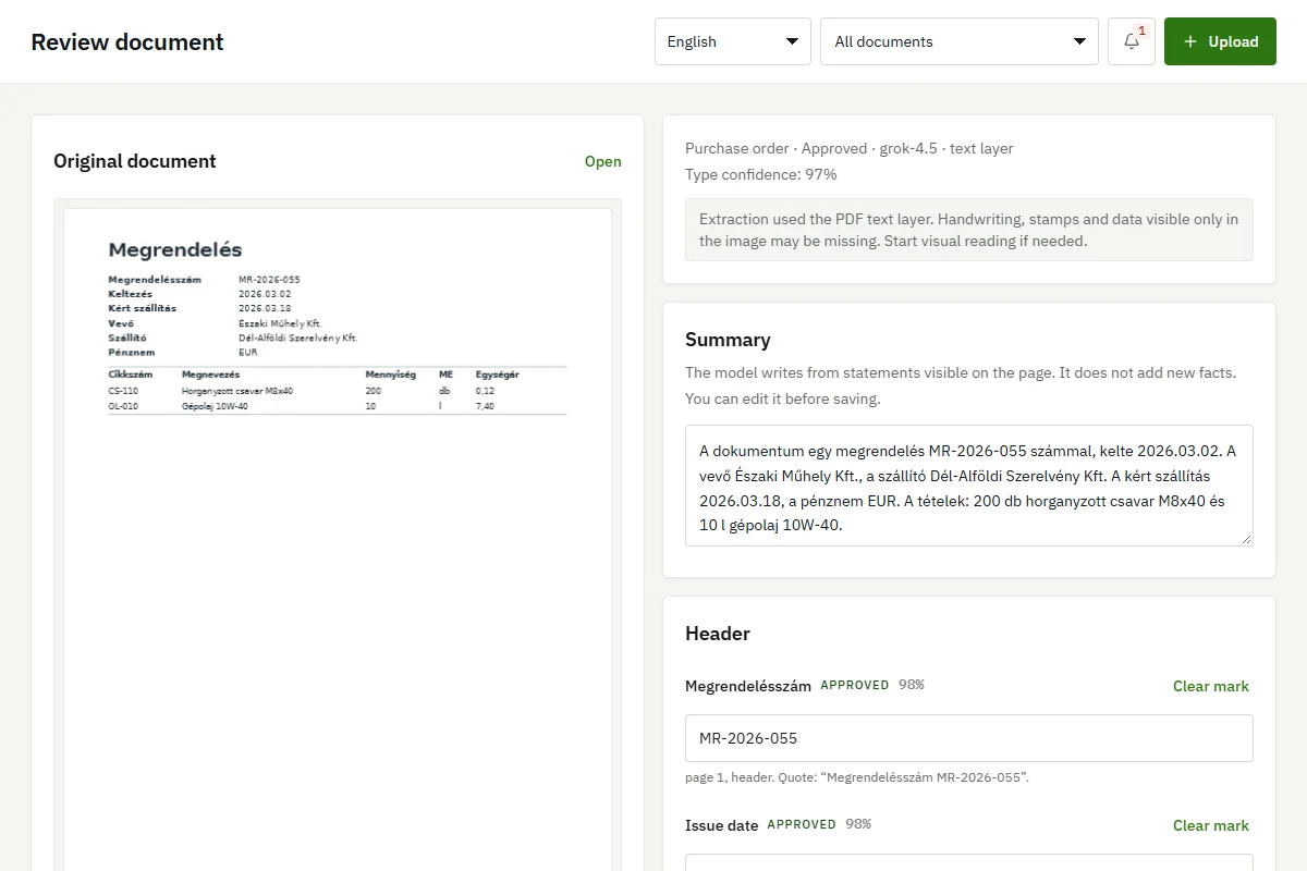 Screenshot: a printed purchase order and the summary rovatix made from it.