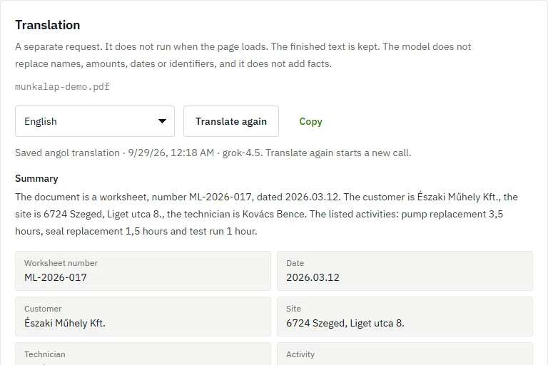 Screenshot: a Hungarian job sheet's data in English.